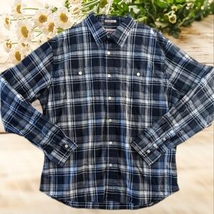 WRANGLER Flex For Comfort Long Sleeve Shirt Navy White Plaid Button Down Sz Med